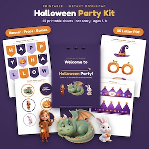 May include: A printable Halloween Party Kit featuring 25 sheets including a banner, photo props, and games. The kit includes graphics of a girl, a green dragon, and a white rabbit, with text reading Welcome to Halloween Party and US Letter PDF.