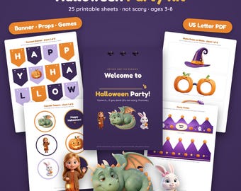 Halloween Party Printables Kids, Not Scary Party Kit, Banner Cupcake Toppers Bingo Photo Props Invitations, PDF Download