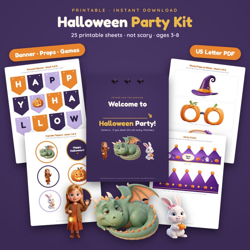 May include: A printable Halloween Party Kit featuring 25 sheets including a banner, photo props, and games. The kit includes graphics of a girl, a green dragon, and a white rabbit, with text reading Welcome to Halloween Party and US Letter PDF.