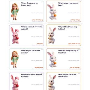 Puede incluir: Una hoja imprimible de ocho notas de chistes para lonchera, hoja 3 de 6, con ilustraciones de dibujos animados de una ni&ntilde;a y conejitos. Cada nota incluye un chiste, un remate impreso al rev&eacute;s y el texto Esther and the Bunnies.
