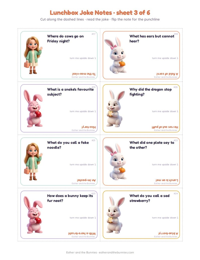 Puede incluir: Una hoja imprimible de ocho notas de chistes para lonchera, hoja 3 de 6, con ilustraciones de dibujos animados de una ni&ntilde;a y conejitos. Cada nota incluye un chiste, un remate impreso al rev&eacute;s y el texto Esther and the Bunnies.