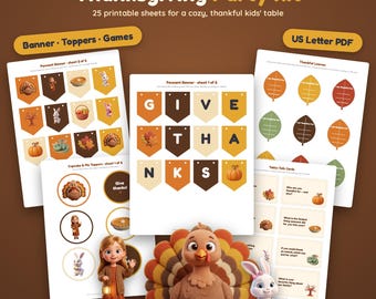 Thanksgiving Kids Table Printables, Party Kit with Give Thanks Banner, Place Cards, Thankful Leaves, Bingo, Photo Props, PDF Download