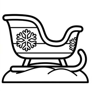 May include: A black and white line art illustration of a side profile of a sleigh. The sleigh features a prominent snowflake design on its side panel and is positioned on a curved runner base, depicted with simple, bold outlines for coloring.