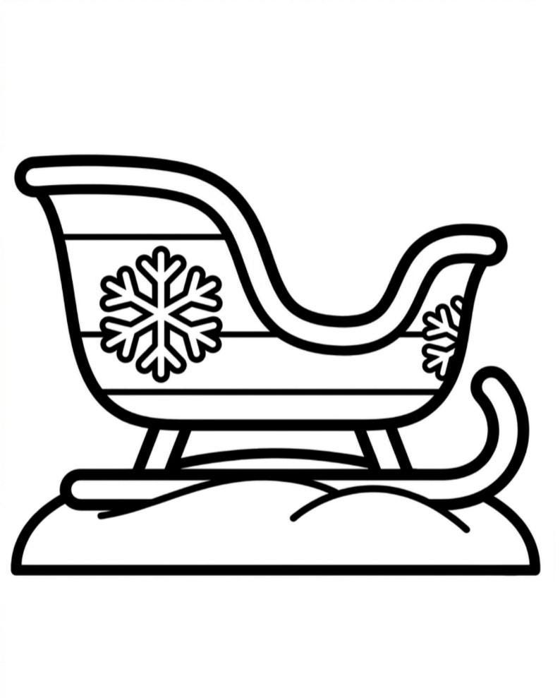 May include: A black and white line art illustration of a side profile of a sleigh. The sleigh features a prominent snowflake design on its side panel and is positioned on a curved runner base, depicted with simple, bold outlines for coloring.