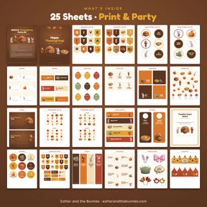 May include: A collection of 25 printable sheets for a Thanksgiving party kit, featuring illustrations of turkeys, bunnies, pumpkins, and autumn leaves in shades of brown, orange, and yellow. The set includes banners, tags, games, and cards.
