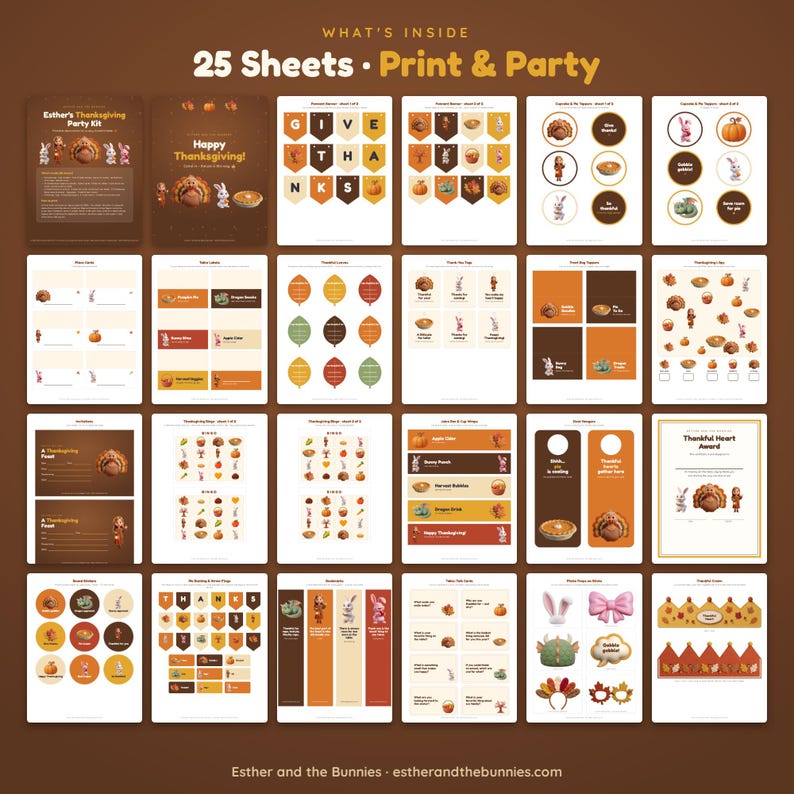 May include: A collection of 25 printable sheets for a Thanksgiving party kit, featuring illustrations of turkeys, bunnies, pumpkins, and autumn leaves in shades of brown, orange, and yellow. The set includes banners, tags, games, and cards.