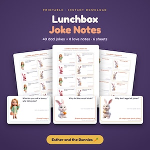 Puede incluir: Un conjunto de notas de bromas para loncheras imprimibles con 40 chistes y 8 notas de amor en 6 hojas. Las tarjetas muestran ilustraciones de una ni&ntilde;a y conejos blancos con texto que incluye 'Lunchbox Joke Notes' y 'Esther and the Bunnies' en la parte inferior.