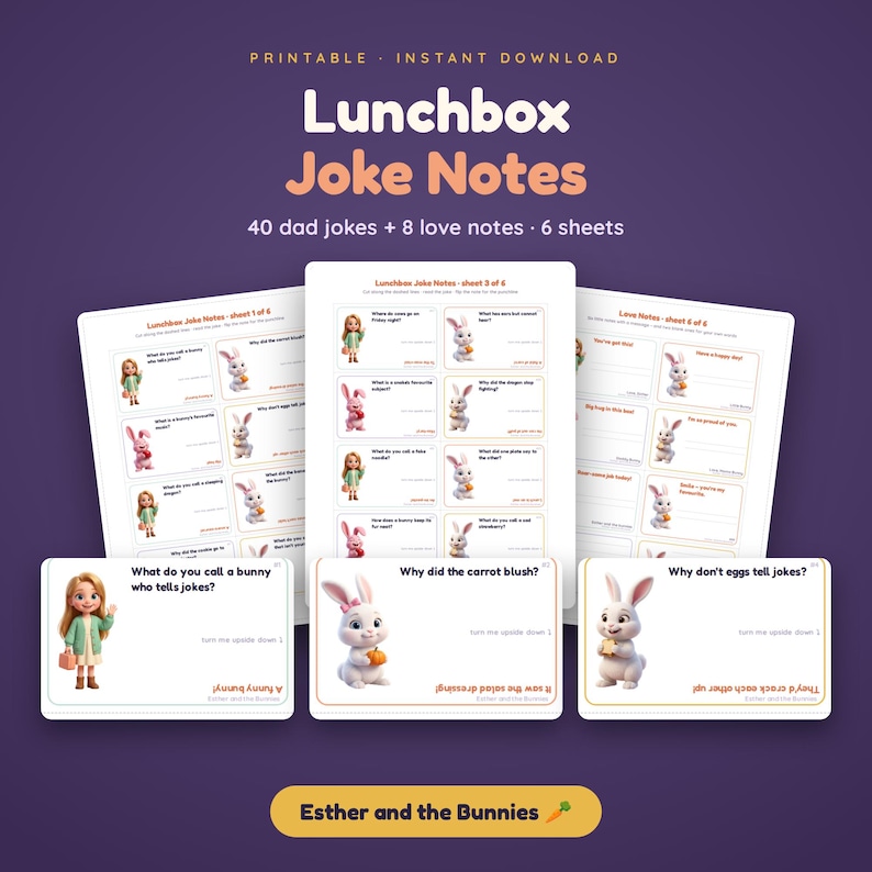 Puede incluir: Un conjunto de notas de bromas para loncheras imprimibles con 40 chistes y 8 notas de amor en 6 hojas. Las tarjetas muestran ilustraciones de una ni&ntilde;a y conejos blancos con texto que incluye 'Lunchbox Joke Notes' y 'Esther and the Bunnies' en la parte inferior.