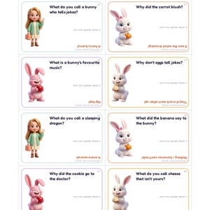 Puede incluir: Una hoja imprimible de ocho notas de chistes para loncheras con ilustraciones de una ni&ntilde;a y conejitos. Cada tarjeta contiene un chiste, el texto 'turn me upside down' y un remate al rev&eacute;s. El encabezado dice 'Lunchbox Joke Notes - sheet 1 of 6'.
