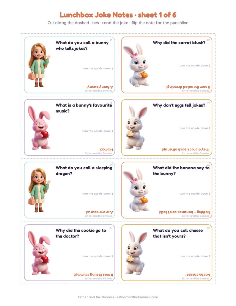Puede incluir: Una hoja imprimible de ocho notas de chistes para loncheras con ilustraciones de una ni&ntilde;a y conejitos. Cada tarjeta contiene un chiste, el texto 'turn me upside down' y un remate al rev&eacute;s. El encabezado dice 'Lunchbox Joke Notes - sheet 1 of 6'.