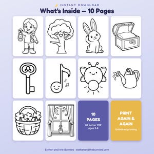May include: A digital coloring book set featuring 10 pages with black and white line art illustrations including a person with a lantern, a tree, a rabbit, a treasure chest, a key, a musical note, a firefly, a watering can, a basket, and a window.