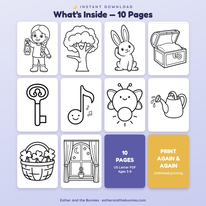 May include: A digital coloring book set featuring 10 pages with black and white line art illustrations including a person with a lantern, a tree, a rabbit, a treasure chest, a key, a musical note, a firefly, a watering can, a basket, and a window.