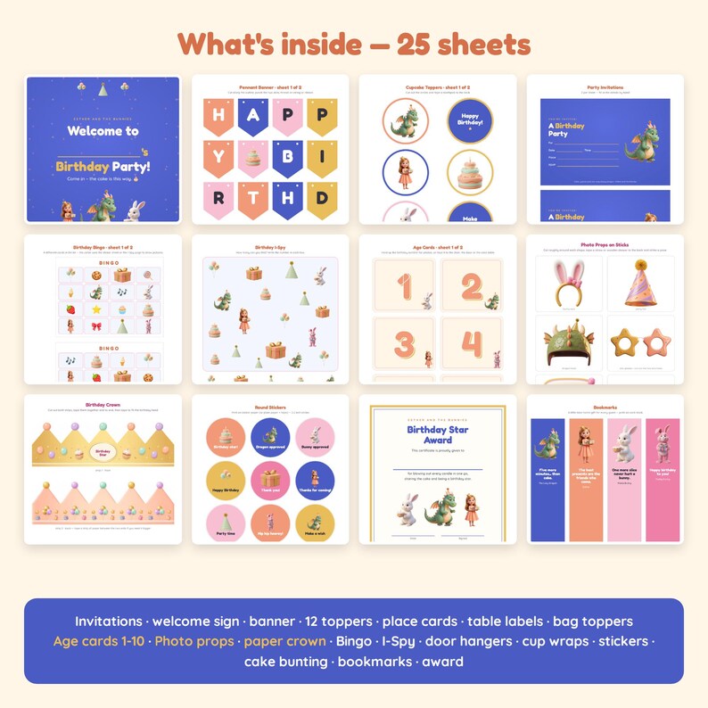 May include: A digital printable birthday party set containing 25 sheets with various items including a welcome sign, pennant banner, cupcake toppers, invitations, bingo cards, I-Spy games, age cards, photo props, paper crowns, and stickers.