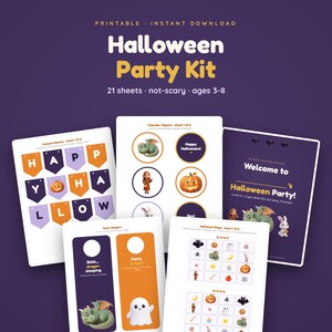 May include: A printable Halloween party kit featuring 21 sheets of activities for ages 3-8. The kit includes a pennant banner, cupcake toppers, door hangers, and bingo cards with illustrations of dragons, ghosts, and pumpkins on a purple background.