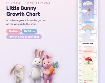 Growth Chart Kids Printable, Bunny Height Chart Nursery Decor Inches and cm, Pastel Kids Room Digital Download PDF