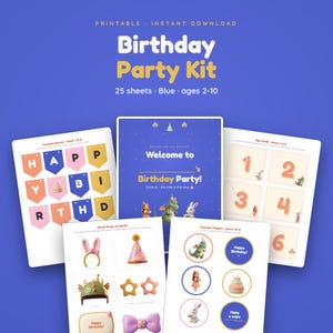 May include: A printable birthday party kit featuring 25 sheets with blue accents for ages 2-10. The kit includes a pennant banner spelling HAPPY BIRTHDAY, a welcome sign, age cards, photo props like bunny ears and hats, and circular cupcake toppers.