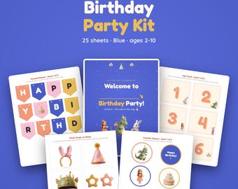 Kids Birthday Party Kit Printable, Birthday Party Printables Bundle, Banner Cupcake Toppers Invitations Games, 4 Colors PDF