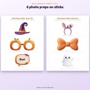 May include: A Halloween party kit featuring 6 photo props on sticks across two printable sheets. The props include a purple witch hat, orange pumpkin glasses, a speech bubble with the text Boo!, bunny ears, a polka dot bow, and a white ghost.