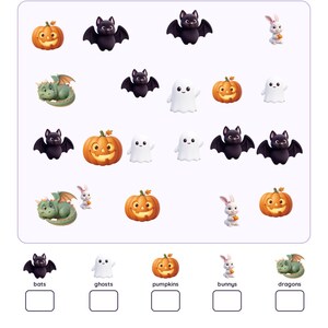 May include: A Halloween I-Spy activity sheet featuring illustrations of orange jack-o'-lanterns, purple bats, white ghosts, green dragons, and white bunnies. The text reads Halloween I-Spy, How many can you find? Count each one and write the number in the box.