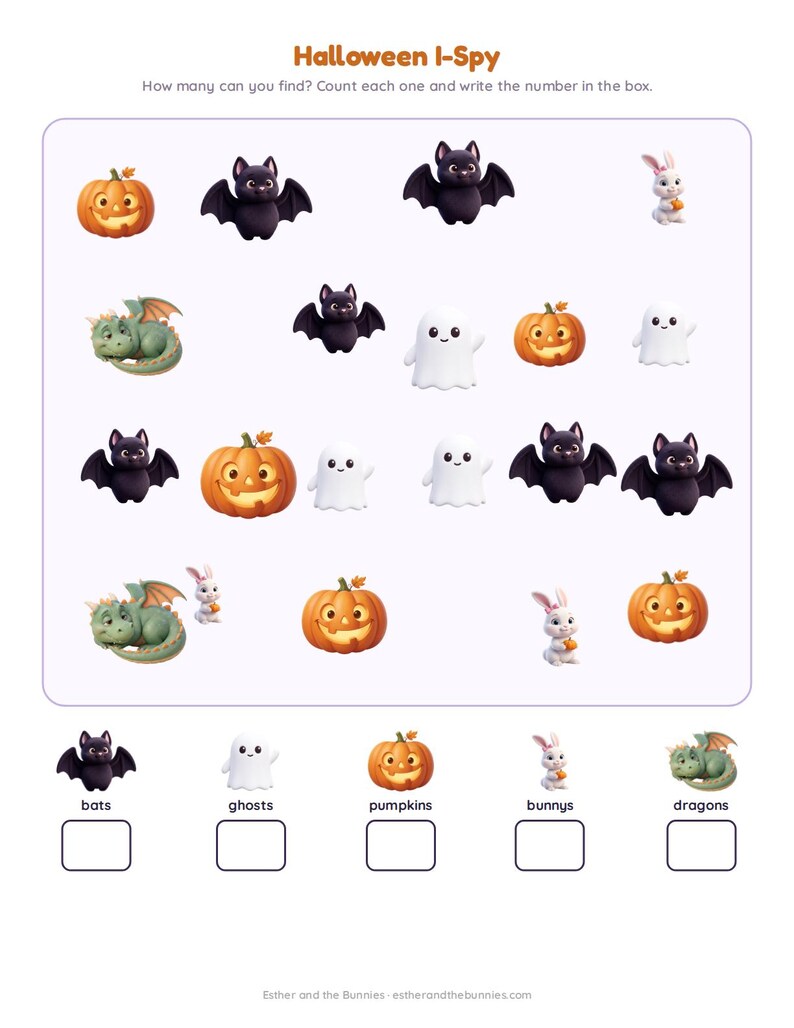 May include: A Halloween I-Spy activity sheet featuring illustrations of orange jack-o'-lanterns, purple bats, white ghosts, green dragons, and white bunnies. The text reads Halloween I-Spy, How many can you find? Count each one and write the number in the box.