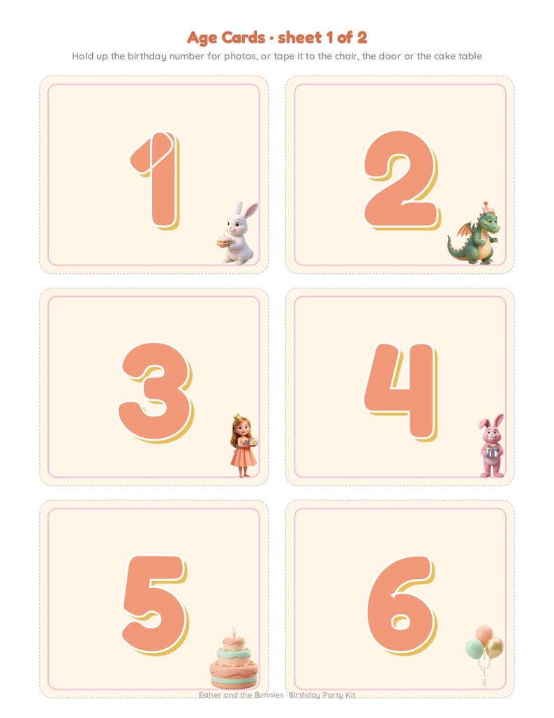 May include: A printable sheet of six rectangular age cards labeled 1 through 6 in coral font. Each card features a small illustration: a white rabbit, a green dragon, a girl in a dress, a pink rabbit, a tiered cake, and three balloons.