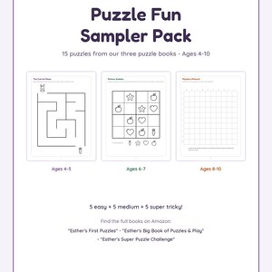 K&ouml;nnte beinhalten: Ein wei&szlig;es Informationsblatt mit dem Titel Esther and the Bunnies Puzzle Fun Sampler Pack. Es zeigt 15 R&auml;tsel aus drei B&uuml;chern f&uuml;r 4- bis 10-J&auml;hrige, darunter ein Labyrinth, ein Bildersudoku und ein R&auml;tselgitter. Buchtitel und Website enthalten.