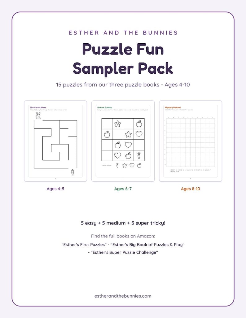 K&ouml;nnte beinhalten: Ein wei&szlig;es Informationsblatt mit dem Titel Esther and the Bunnies Puzzle Fun Sampler Pack. Es zeigt 15 R&auml;tsel aus drei B&uuml;chern f&uuml;r 4- bis 10-J&auml;hrige, darunter ein Labyrinth, ein Bildersudoku und ein R&auml;tselgitter. Buchtitel und Website enthalten.