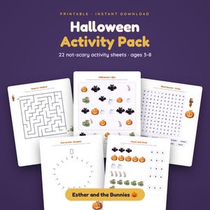 May include: A printable Halloween Activity Pack featuring 22 not-scary activity sheets for ages 3-8. The collection includes a maze, an I-Spy game, a word search, a dot-to-dot pumpkin, and a count and circle sheet by Esther and the Bunnies.