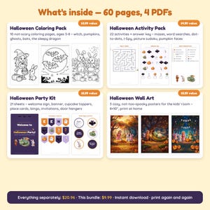 May include: A digital bundle containing 60 pages across 4 PDFs: a Halloween coloring pack with 10 pages, an activity pack with 22 pages including mazes and word searches, a party kit with 21 sheets, and 3 printable wall art posters for kids.