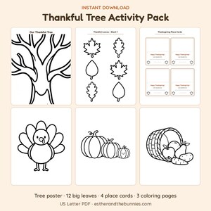 May include: A Thankful Tree Activity Pack digital download featuring black and white line art. Includes a tree poster, leaf cutouts, Thanksgiving place cards, a turkey, pumpkins, and a basket of produce. Text includes Thankful Tree Activity Pack.
