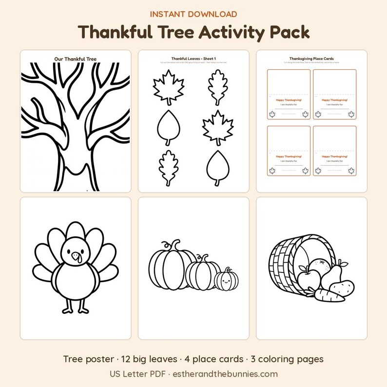 May include: A Thankful Tree Activity Pack digital download featuring black and white line art. Includes a tree poster, leaf cutouts, Thanksgiving place cards, a turkey, pumpkins, and a basket of produce. Text includes Thankful Tree Activity Pack.