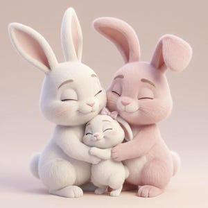 May include: A large white rabbit and a large pink rabbit are embracing a small white baby rabbit. All three rabbits have closed eyes and smiling expressions. The baby rabbit has a small pink bow on its head. The fur appears soft and textured.