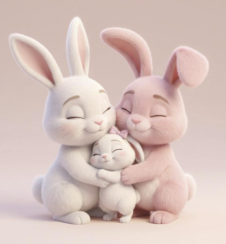 May include: A large white rabbit and a large pink rabbit are embracing a small white baby rabbit. All three rabbits have closed eyes and smiling expressions. The baby rabbit has a small pink bow on its head. The fur appears soft and textured.