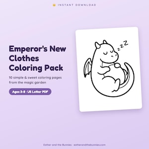 Op de afbeelding: Een digitaal kleurboekpakket genaamd Emperor's New Clothes Coloring Pack met 10 pagina's voor kinderen van 3-8 jaar in US Letter PDF-formaat. De afbeelding toont een zwart-witte lijntekening van een slapende draak met zzz-tekst op een paarse achtergrond.