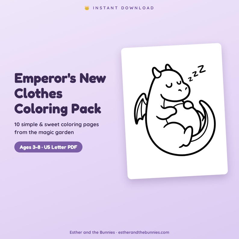 Op de afbeelding: Een digitaal kleurboekpakket genaamd Emperor's New Clothes Coloring Pack met 10 pagina's voor kinderen van 3-8 jaar in US Letter PDF-formaat. De afbeelding toont een zwart-witte lijntekening van een slapende draak met zzz-tekst op een paarse achtergrond.