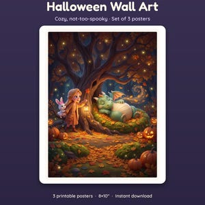 May include: A set of three 8x10 inch Halloween wall art posters featuring a child holding a lantern and a white rabbit standing near a sleeping green dragon in a forest with autumn leaves, glowing fireflies, and carved jack-o'-lantern pumpkins.