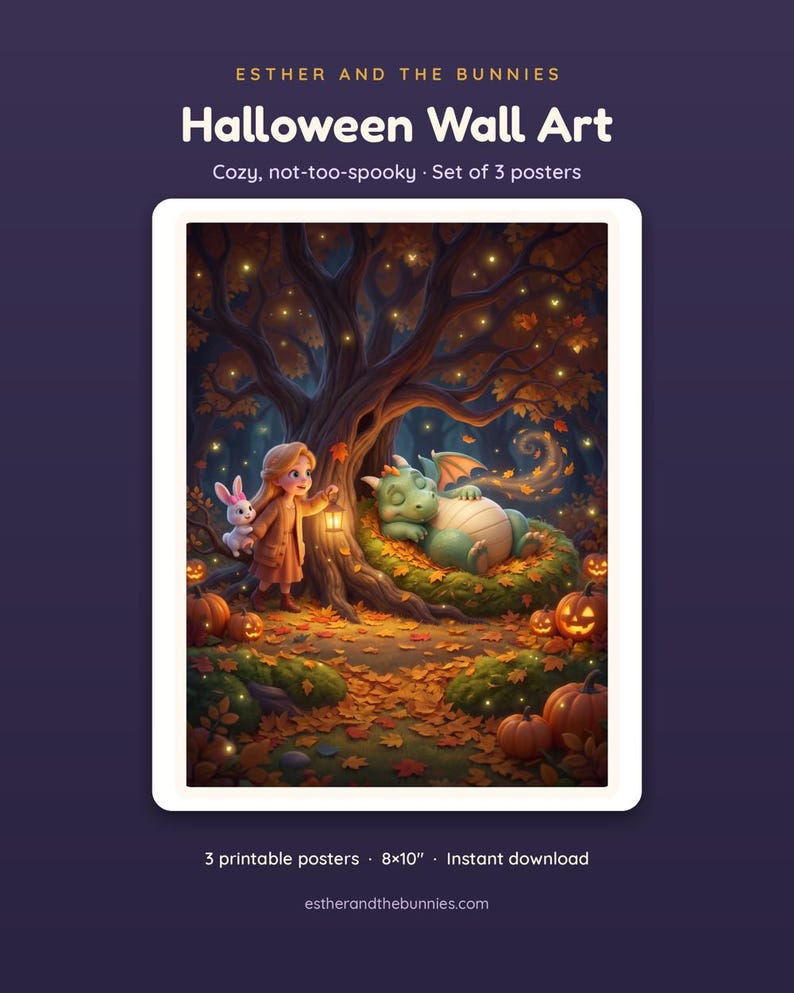 May include: A set of three 8x10 inch Halloween wall art posters featuring a child holding a lantern and a white rabbit standing near a sleeping green dragon in a forest with autumn leaves, glowing fireflies, and carved jack-o'-lantern pumpkins.