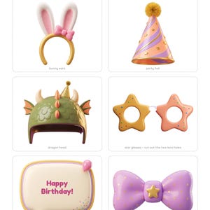 May include: A set of printable photo props including white and pink bunny ears, a purple and orange party hat with a pom-pom, a green dragon head, star-shaped glasses, a speech bubble with the text Happy Birthday, and a purple bow tie.