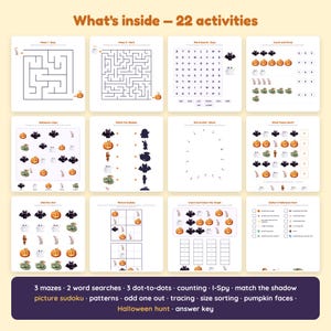 May include: A collection of 22 Halloween-themed activity sheets featuring mazes, word searches, counting exercises, I-Spy, shadow matching, dot-to-dot, pattern recognition, odd one out, tracing, size sorting, pumpkin faces, and a scavenger hunt.