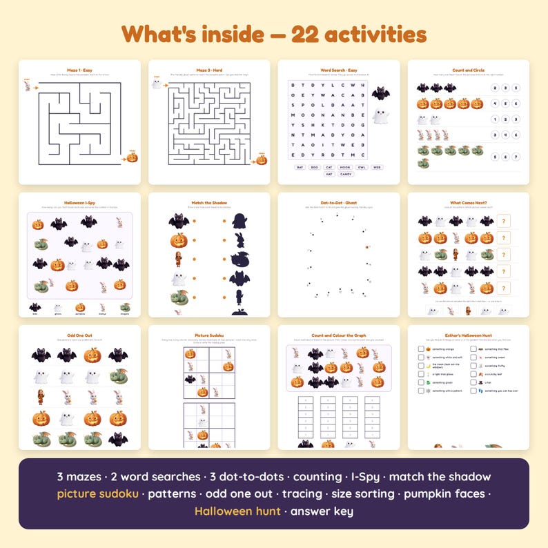 May include: A collection of 22 Halloween-themed activity sheets featuring mazes, word searches, counting exercises, I-Spy, shadow matching, dot-to-dot, pattern recognition, odd one out, tracing, size sorting, pumpkin faces, and a scavenger hunt.