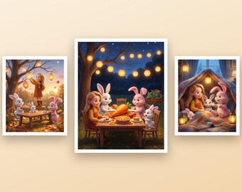Thanksgiving Wall Art for Kids, Printable Bunny Harvest Prints Set of 3, Fall Nursery Decor, Storybook Art, Digital Download