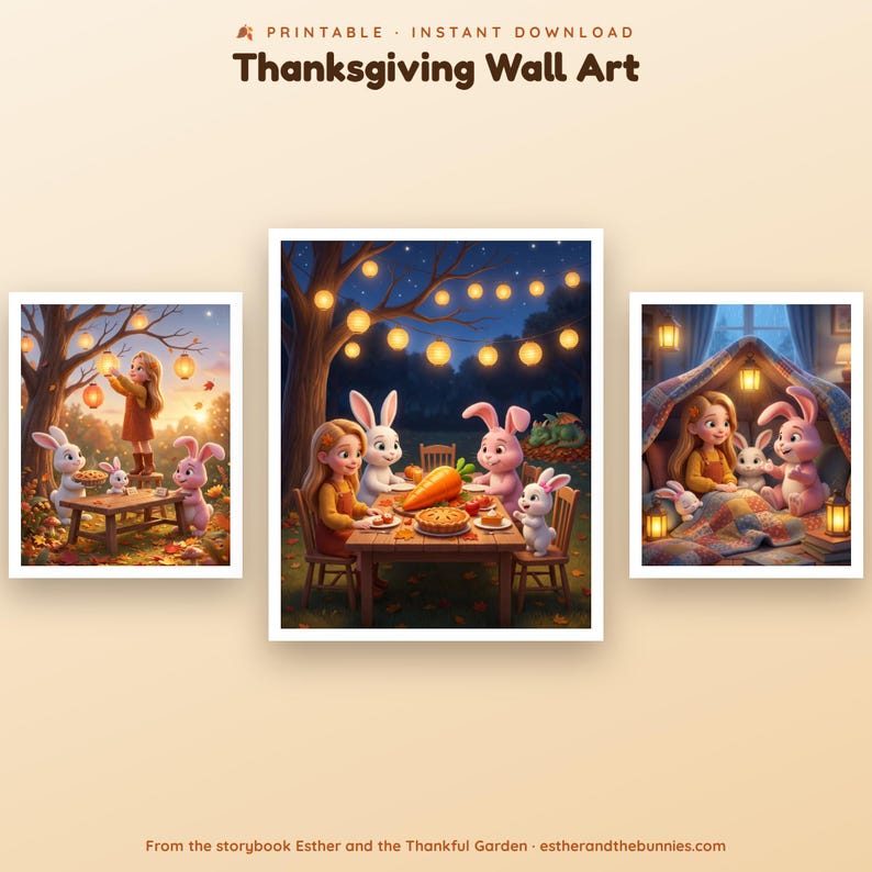 May include: Three digital wall art prints featuring a child and rabbits in Thanksgiving scenes. The images show a child and bunnies at a table with a large carrot and pie, under glowing lanterns, and inside a cozy blanket fort with lanterns.