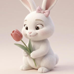 May include: A white rabbit with long ears and a small pink bow between its ears. The rabbit has large dark eyes, a soft fur texture, and is holding a single pink tulip with a green stem and leaves in its front paws against a light background.