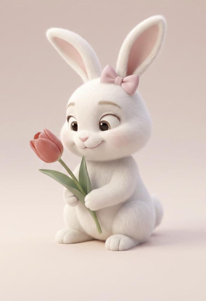 May include: A white rabbit with long ears and a small pink bow between its ears. The rabbit has large dark eyes, a soft fur texture, and is holding a single pink tulip with a green stem and leaves in its front paws against a light background.