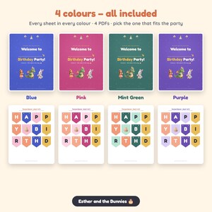 May include: Four digital birthday party sign and pennant banner sets in blue, pink, mint green, and purple. Each sign features the text Welcome to Birthday Party! with illustrations of a girl, a dragon, and a rabbit. Includes pennant flags spelling HAPPY BIRTHDAY.