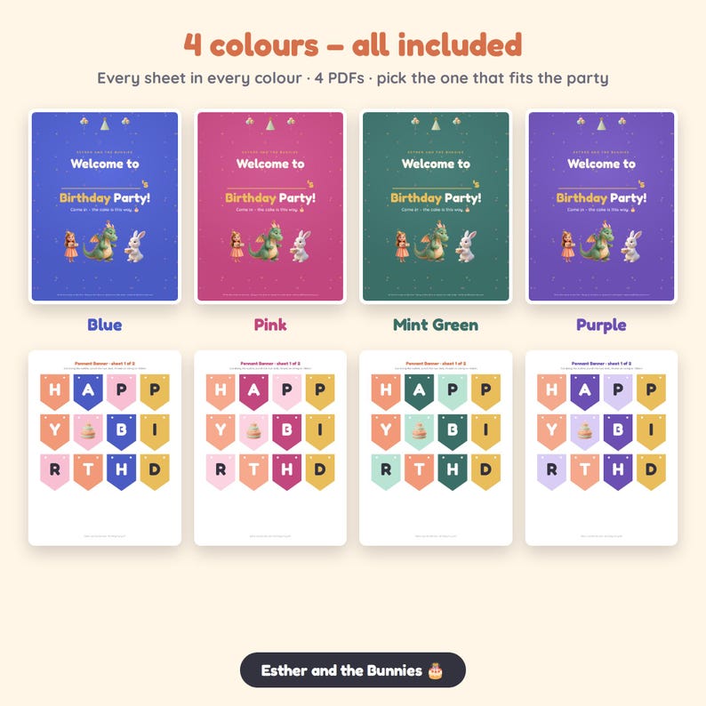 May include: Four digital birthday party sign and pennant banner sets in blue, pink, mint green, and purple. Each sign features the text Welcome to Birthday Party! with illustrations of a girl, a dragon, and a rabbit. Includes pennant flags spelling HAPPY BIRTHDAY.