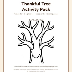 May include: Esther and the Bunnies Thankful Tree Activity Pack includes a tree poster, 12 big leaves, 4 place cards, and 3 coloring pages. The center features a black and white line drawing of a tree labeled Our Thankful Tree with game instructions.