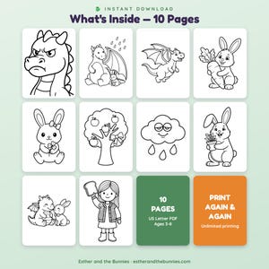 May include: A digital coloring book set featuring 10 pages of black and white line art illustrations including dragons, bunnies, an apple tree, a rain cloud, and a child holding bread. The text reads What's Inside - 10 Pages, 10 PAGES US Letter PDF Ages 3-8, and PRINT AGAIN & AGAIN.
