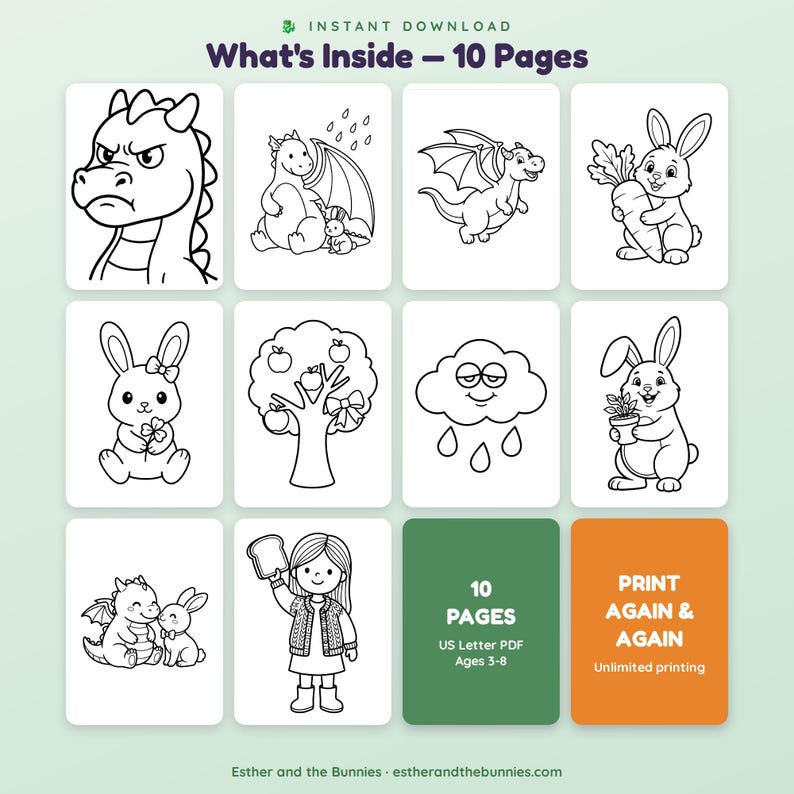 May include: A digital coloring book set featuring 10 pages of black and white line art illustrations including dragons, bunnies, an apple tree, a rain cloud, and a child holding bread. The text reads What's Inside - 10 Pages, 10 PAGES US Letter PDF Ages 3-8, and PRINT AGAIN & AGAIN.