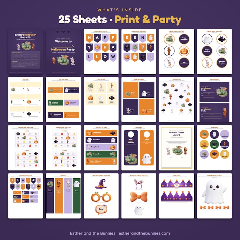May include: A digital collection of 25 printable sheets for a Halloween party kit, featuring illustrations of dragons, bunnies, ghosts, pumpkins, and bats. The set includes banners, cupcake toppers, bingo cards, food labels, party signs, and paper crowns.